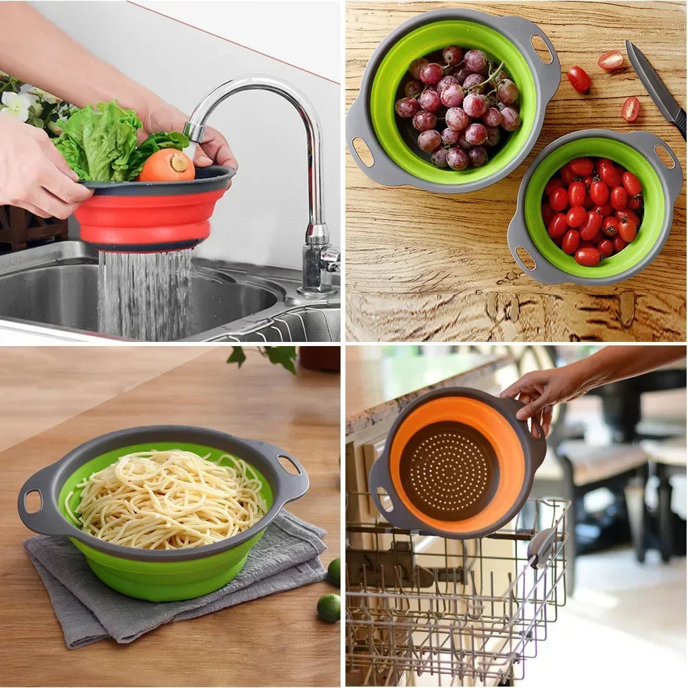 Foldable Silicone Colander - Round & Square Fruit Vegetable Washing Basket Strainer with Collapsible Drainer Handle, Essential Kitchen and Bar Tools