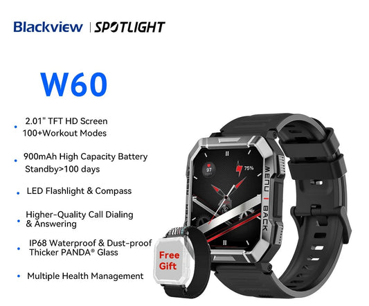 Blackview W60 2024 Smartwatch - 2.01'' HD Display, Rugged Outdoor Watch with Emergency Lighting & Bluetooth Calling