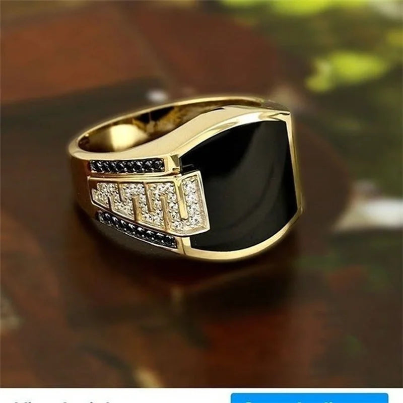 Classic Men's Gold Color Ring with Black Stone Zircon Inlay - Fashion Metal Punk Ring for Engagement and Wedding