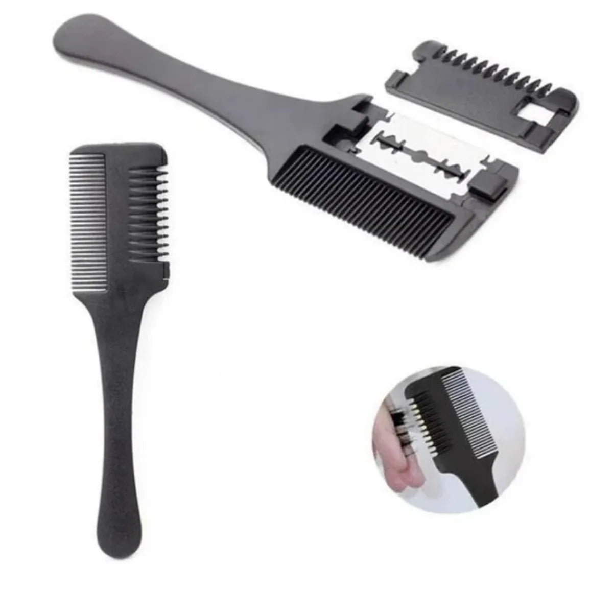 Barber Scissors Hair Cutting Comb - Black Handle with Razor Blades, Salon Thinning Hairdressing DIY Styling Tool