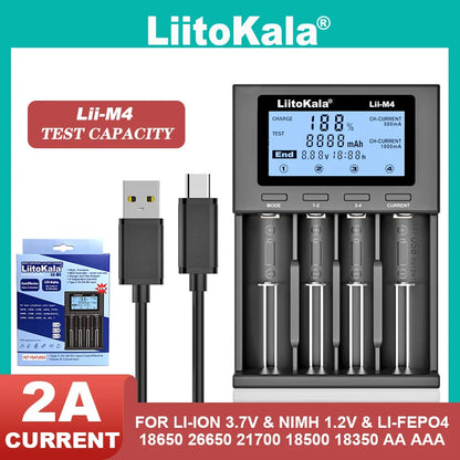 LiitoKala Lii-M4S Lii-M4 Rechargeable Battery Charger: 3.7V Lithium-ion & 1.2V Ni-MH AA Capacity Tester for 18650, 26650, 21700, 18500 Batteries