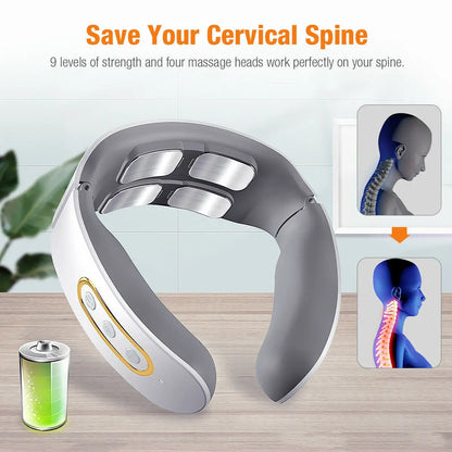 Electric Neck Shoulder Pulse Massager - 4 Head Kneading TENS Magnetic Pulse Heating for Cervical Vertebra Pain Relief