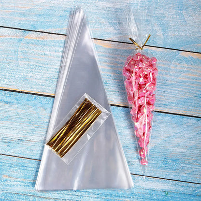 50pcs Candy Bags - Cellophane Popcorn Cone Cookies Storage Bags with Gold Twist Ties - Wedding & Birthday Party Favors