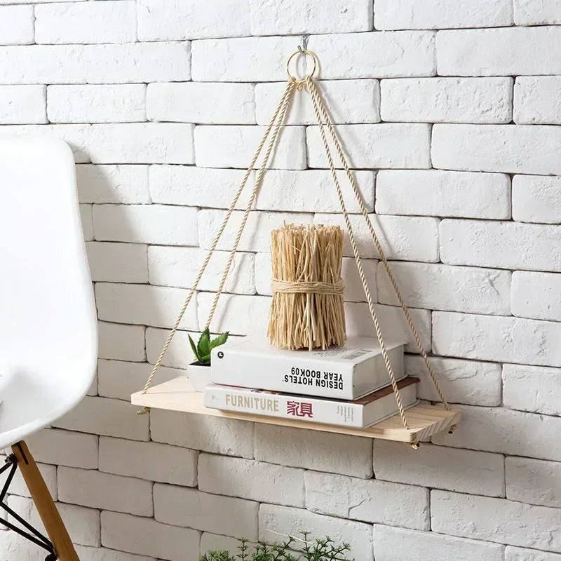 Wooden Rope Swing Wall Hanging Plant Pot Tray – Nordic Floating Shelves for Simple Home Decoration