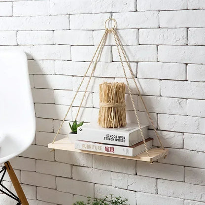 Wooden Rope Swing Wall Hanging Plant Pot Tray – Nordic Floating Shelves for Simple Home Decoration