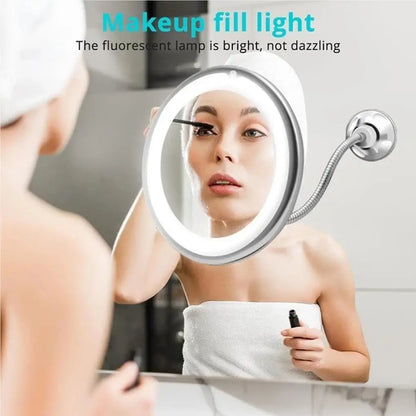 Flexible Gooseneck Makeup Mirror with LED Light: 10X Magnifying, Suction Cup, 360 Degree Swivel - Bright, Diffused Light for Precise Beauty Application