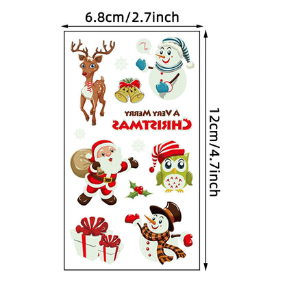 10 Sheets Christmas Luminous Tattoo Stickers - Glow in the Dark Snowman and Holiday Patterns, Waterproof Temporary Tattoos