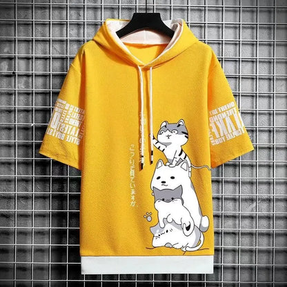 Harajuku Streetwear Hooded Top: Japan Fashion Men's Hoodies - Cartoon Casual Print, Short Sleeve Sweatshirts for Summer Style