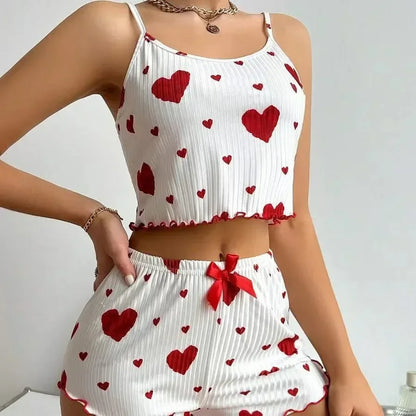 Summer Women's Heart Print Pajama Set - Relaxed Fit Round Neck Backless Crop Cami Top and Shorts Loungewear