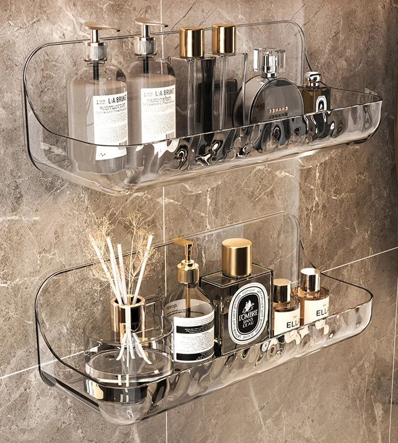 Acrylic Transparent Storage Rack - Punch-Free Wall Mounted Cosmetic Tray, Makeup Organizer for Bathroom and Kitchen Shelf