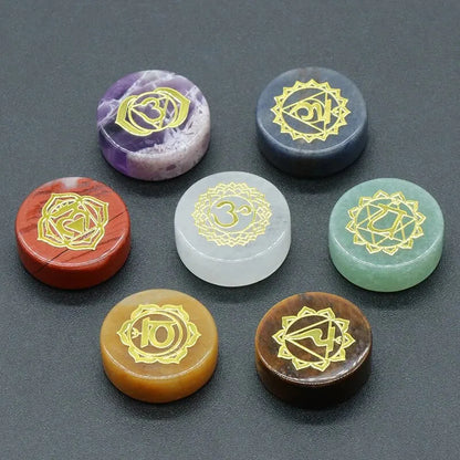 7pcs/Pack Round 7 Chakra Natural Stone Ornaments - Amethyst Quartz with Engraved Symbols for Reiki Healing, 16-18mm