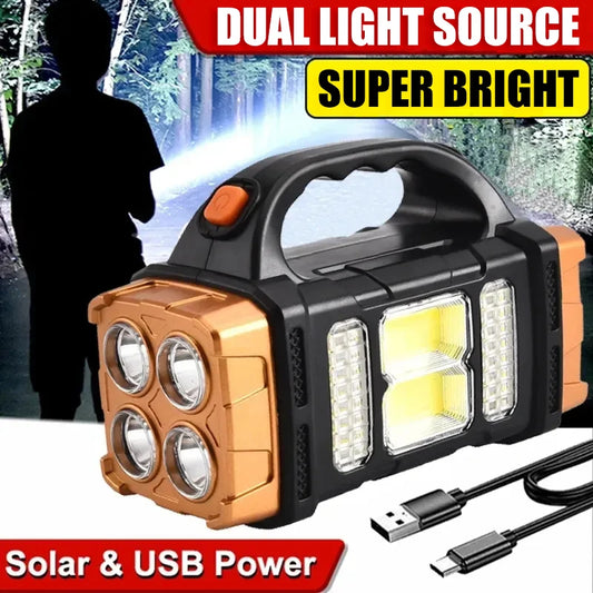 Portable USB Rechargeable Flashlight: Solar LED Light with COB Work Light - Powerful 4-Gear Charge Mobile Phone Camping Lamp