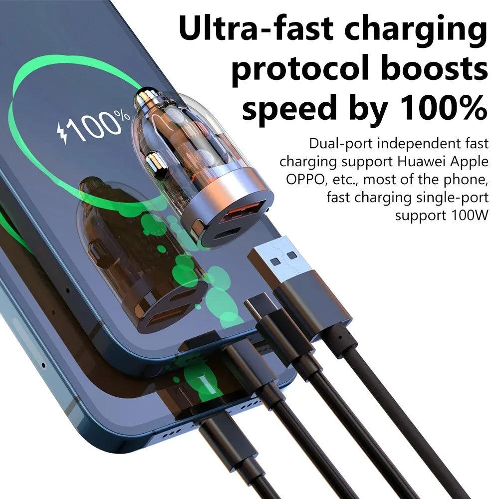 120W Transparent Invisible Pull Ring Car Charger | USB Type C Fast Charging QC3.0 PD Phone Charger | iPhone Xiaomi Samsung Compatible