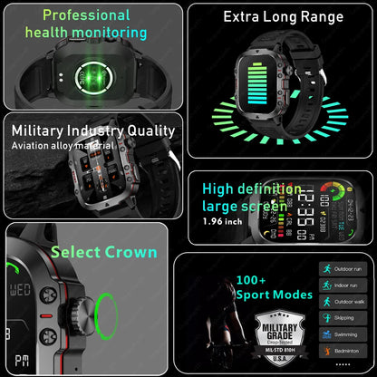 New Rugged Military Black Smart Watch for Men – 3ATM Waterproof, Sport & Fitness, AI Voice, Outdoor Smartwatch for Android, Xiaomi, iOS 2024