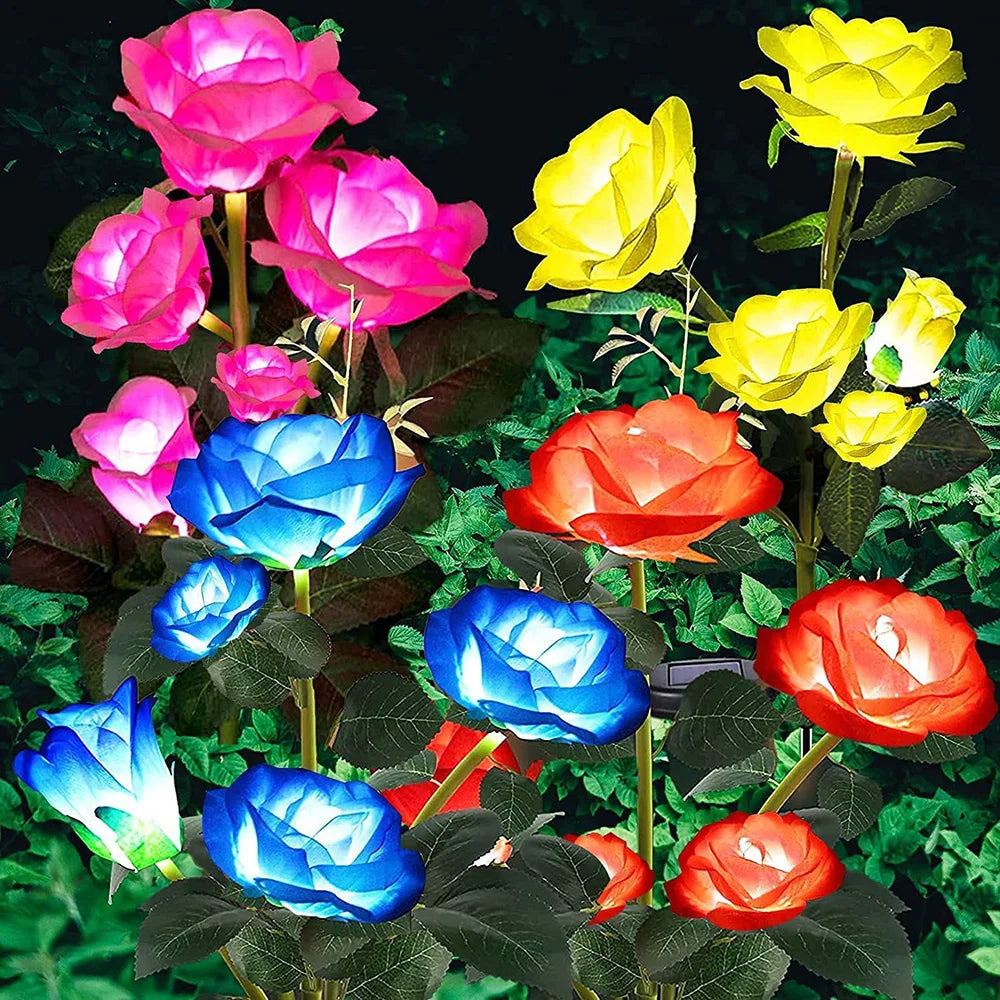 5 Heads Solar Lights Outdoor Decorative - Rose Flower Lawn Lamp for Yard, Patio, Garden Decoration