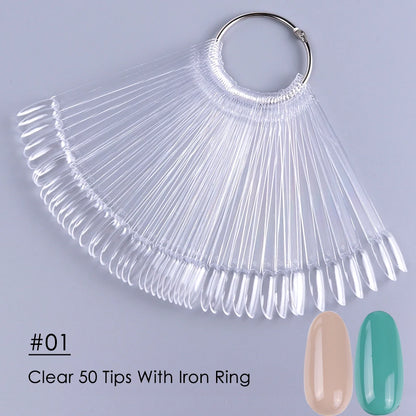 50pcs Oval Fan Style False Nail Display Tips - Clear Nature Color Chart for UV Gel Polish Swatch - Manicure Practice Tools