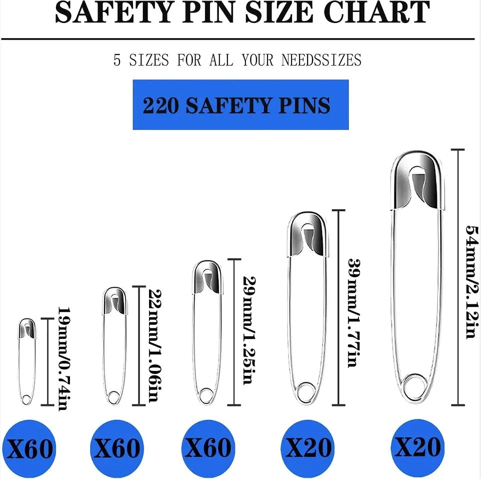 220Pcs Safety Pins - Assorted Sizes, Large and Small, High Strength Steel Wire, Gold and Silver for Clothes Sewing