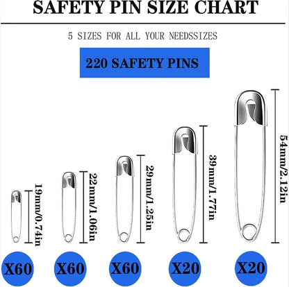 220Pcs Safety Pins - Assorted Sizes, Large and Small, High Strength Steel Wire, Gold and Silver for Clothes Sewing