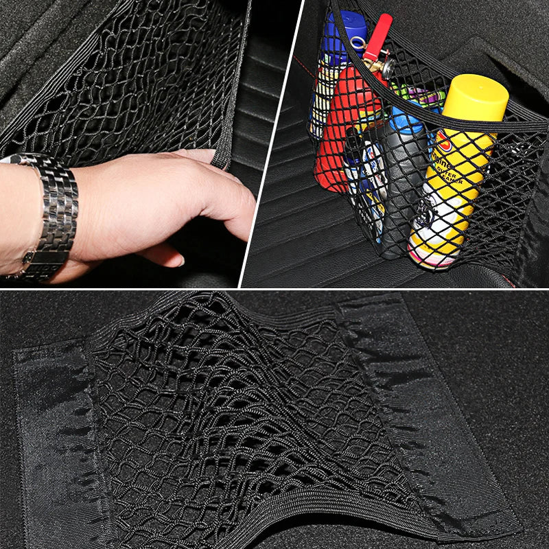 Car Back Rear Mesh Trunk Seat Elastic String Net: Universal Storage Bag Pocket Cage - Auto Organizer Seat Back Bag with Magic Sticker