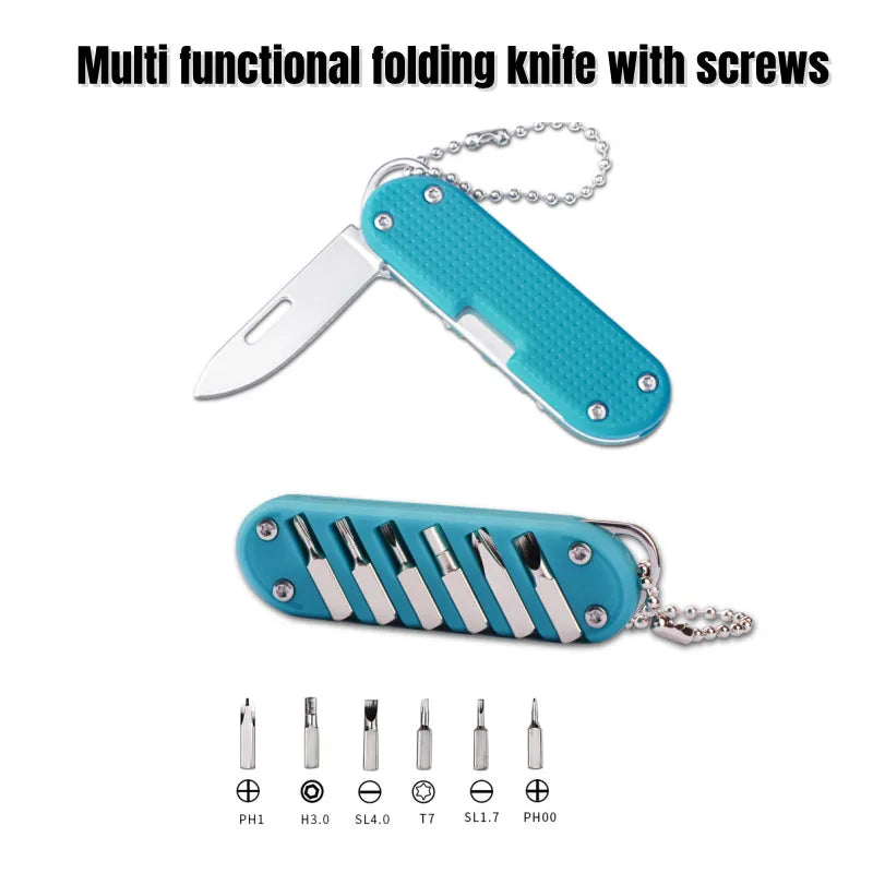 Multifunctional Portable Folding Keychain Knife - Stainless Steel Outdoor Pocket Knife with Screw Combination Tool