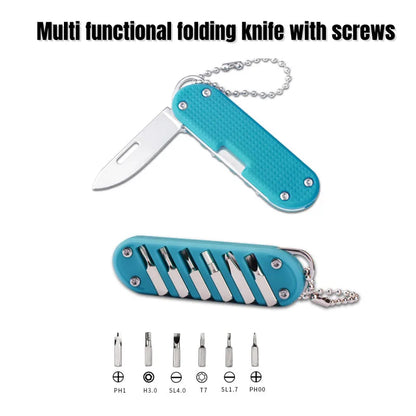 Multifunctional Portable Folding Keychain Knife - Stainless Steel Outdoor Pocket Knife with Screw Combination Tool