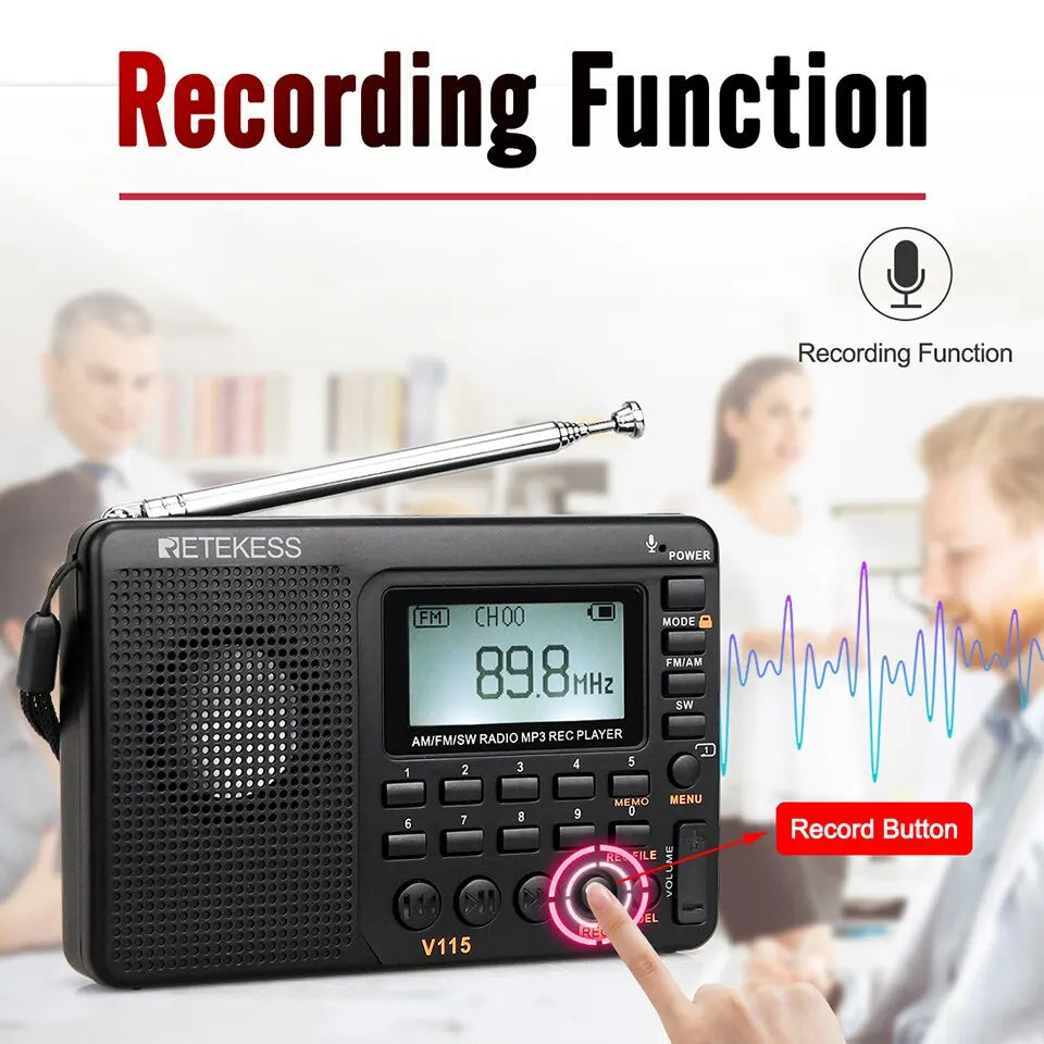 RETEKESS V115 Portable Radio: FM AM SW Rechargeable Shortwave Radio with USB Recorder - Batteries Included, Speaker for Elders