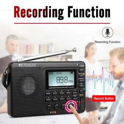 RETEKESS V115 Portable Radio: FM AM SW Rechargeable Shortwave Radio with USB Recorder - Batteries Included, Speaker for Elders