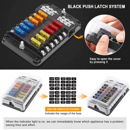 12-Way Car Boat Fuse Box Holder: Blade Fuse Holder Block with Warning Indicator - 12V~24V Power Distribution Panel Board