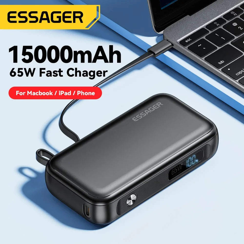 Essager 15000mAh Power Bank – Portable External Battery Pack with USB-C Cable, 65W Fast Charger for iPhone, iPad, MacBook