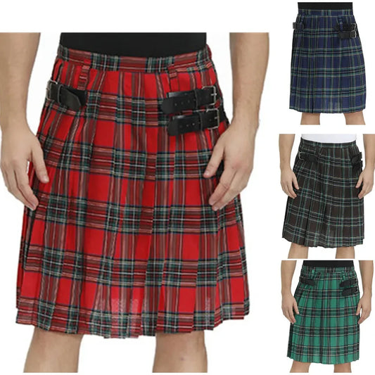 Scottish Men's Traditional Kilt - Highland Tartan Pleated Kilt with Bilateral Belt for Males