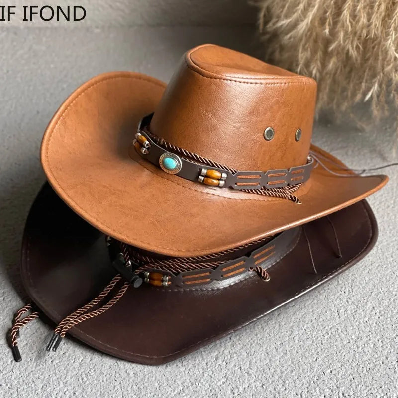 Faux Leather Western Cowboy Hat for Men and Women - Vintage Gentleman Panama Cowgirl Jazz Cap, Sombrero Hombre