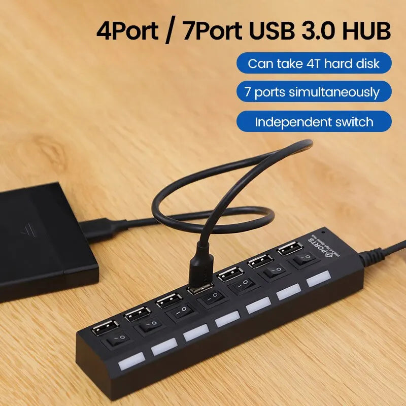 USB 2.0 Hub - Multi USB Splitter Ports Hub with Power Adapter - 4/7 Port Multiple Expander Hub with Switch - 30CM Cable for Home