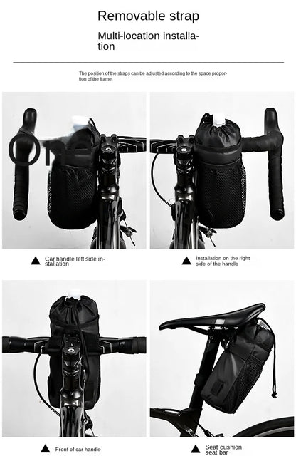 Bicycle Handlebar Stem Thermal Bag - Bike Bottle Holder with Mesh Pocket, Coffee Cup Holders, Cycling Water Bottle Carrier Bag