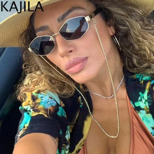 Sexy Small Frame Hexagon Sunglasses for Women - 2024 Luxury Punk Designer Shades with Chain