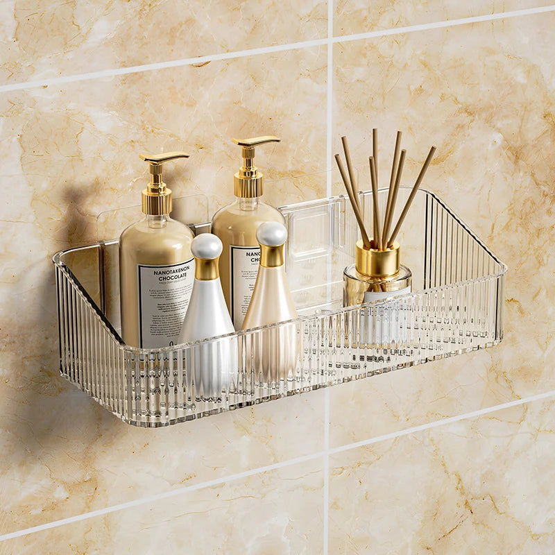 Wall Mounted Cosmetics Storage Rack - No Hole Plastic Corner Shelf Organizer for Bathroom Accessories