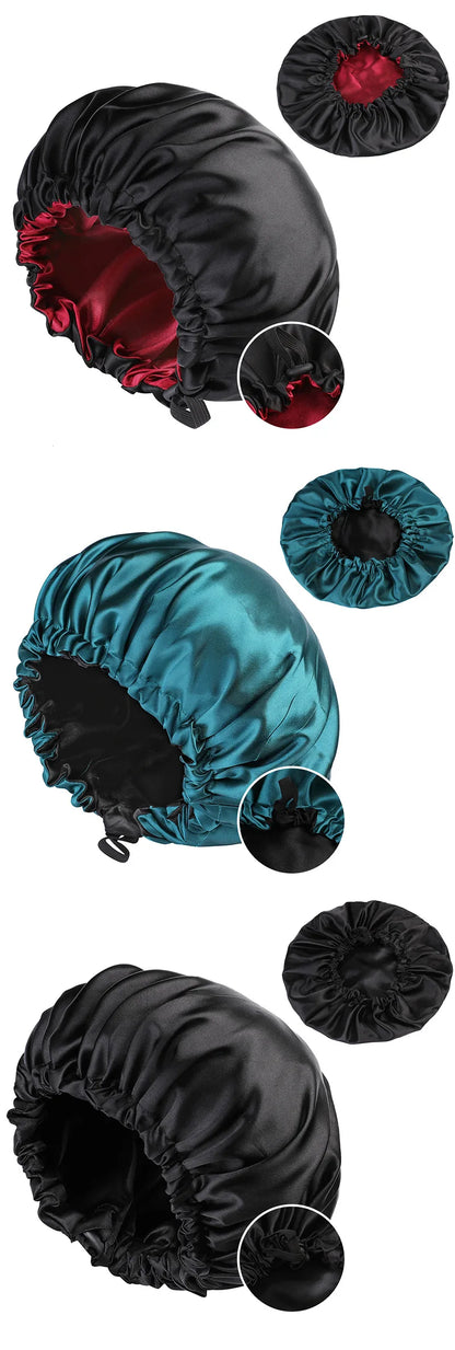 Adjustable Double Layer Satin Bonnet - Solid Black Lining, Doubleside Nightcap, Round Shower Caps for Women, Night Sleep Polyester Hat