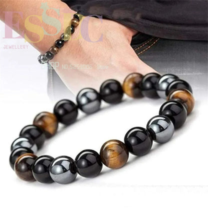 Natural Tiger Eye, Black Obsidian, and Hematite Beads Bracelet - Magnetic Health Protection Jewelry for Men and Women, Soulful Gift for Family