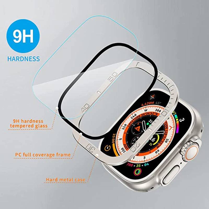 Screen Protector for Apple Watch Ultra 49mm - Metal Case Frame + Tempered Glass for iWatch Ultra 2 49mm Bezel Ring