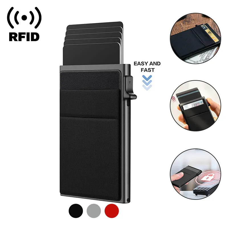 RFID Credit Card Holder Wallet: Metal Slim Pop-Up Minimalist Case for Men & Women - Small Black Purse Metal Vallet for Secure and Stylish Carry