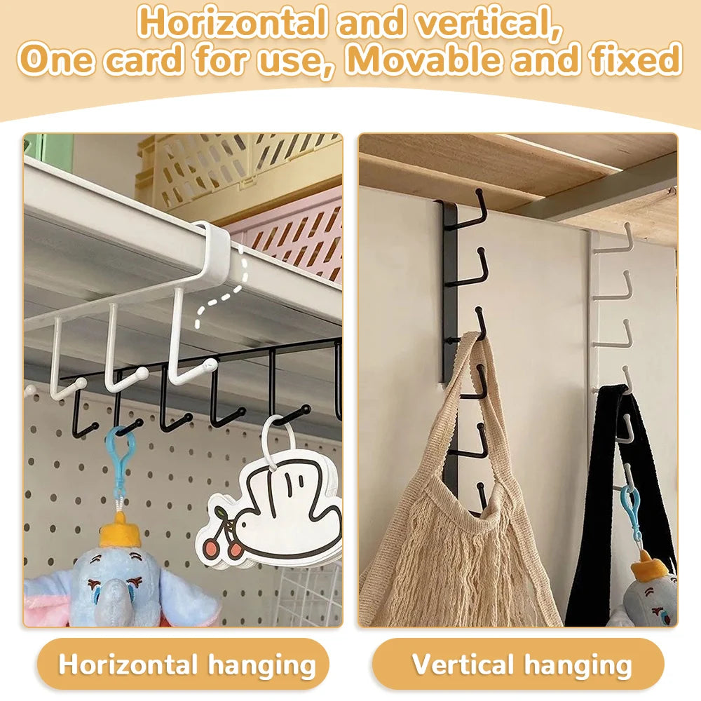 Iron Metal Under-Shelf Hanging Rack - 6 Hooks Storage Shelf for Kitchen & Bathroom Organizer