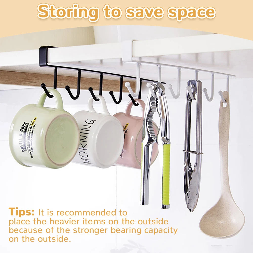 Iron Metal Under-Shelf Hanging Rack - 6 Hooks Storage Shelf for Kitchen & Bathroom Organizer