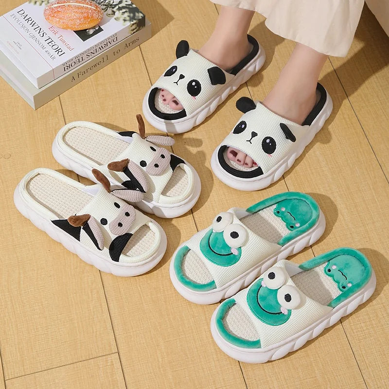 Cute Cartoon Cow Unisex Linen Slippers | Non-Slip Mule Slides for Men and Women | Spring-Summer Home Shoes and Flip Flops for All Seasons