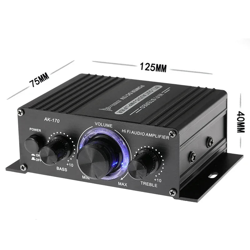 AK170 Mini Digital Power Audio Car Amplifier - 200W x 2 Stereo Amplifier with Blue Light for Home Theater, Club and Party Music