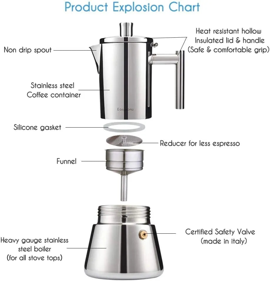 Diego Stainless Steel Stovetop Espresso Maker - 4 Cup Italian Coffee Machine (6.8 oz) - Induction Moka Pot by Easyworkz