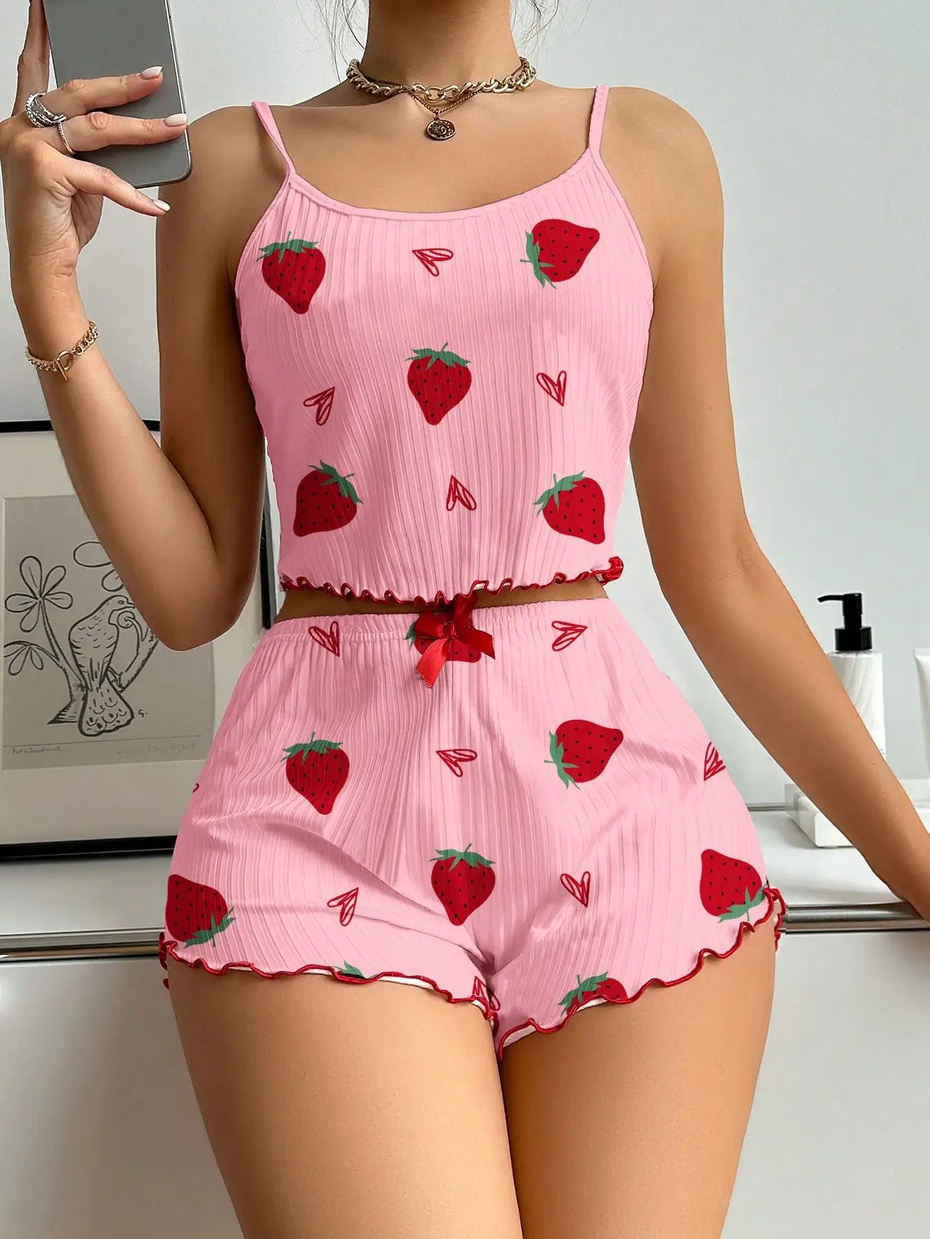 Summer Women's Heart Print Pajama Set - Relaxed Fit Round Neck Backless Crop Cami Top and Shorts Loungewear