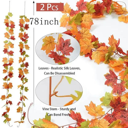 2M Artificial Fall Maple Leaf Garland – Fake Plants for Autumn Decor, Thanksgiving, Halloween, and Wedding Festivals