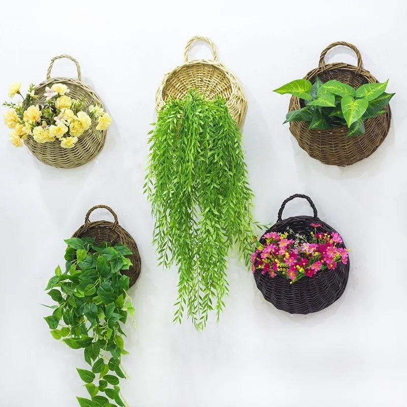 Handmade Wicker Rattan Flower Planter - Wall Hanging Basket for Garden Vine Pot Plants - Stylish Garden Wall Planter