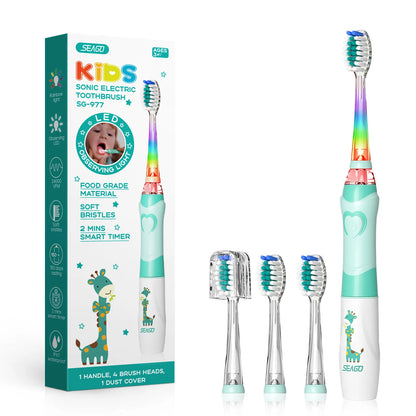 SEAGO SG977: Sonic Electric Kids Toothbrush with Colorful LED - Battery Operated, Waterproof, Soft Bristles