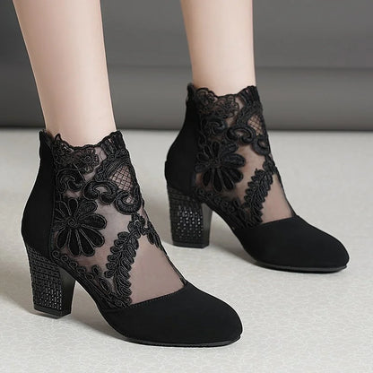 Step into Style: New Fashion Lace Flower High Heels with Ankle Strap - Round Toe Hollow Out Sandals, Zip Pumps for Women