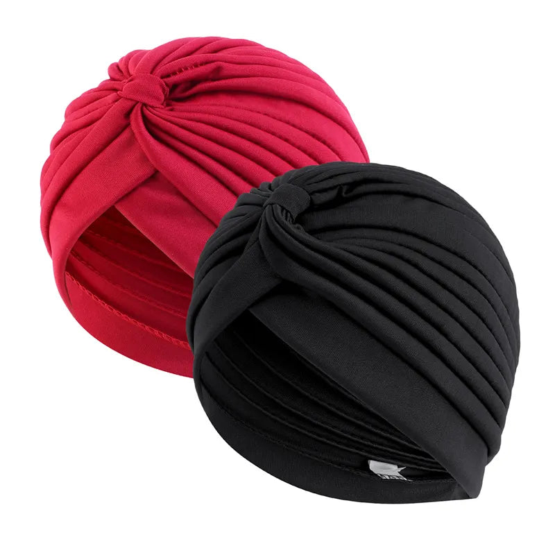 2pcs Stretch Turbans Head Beanie Cover - Twisted Pleated Headwrap in Assorted Colors - Hair Cover Beanie Hats for Women Girls